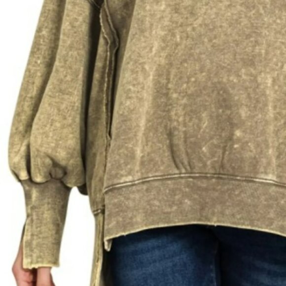 NWOT Zenana Size S/M Acid Wash Exposed Seam Hi-Low Sweatshirt Mocha - Picture 2 of 10